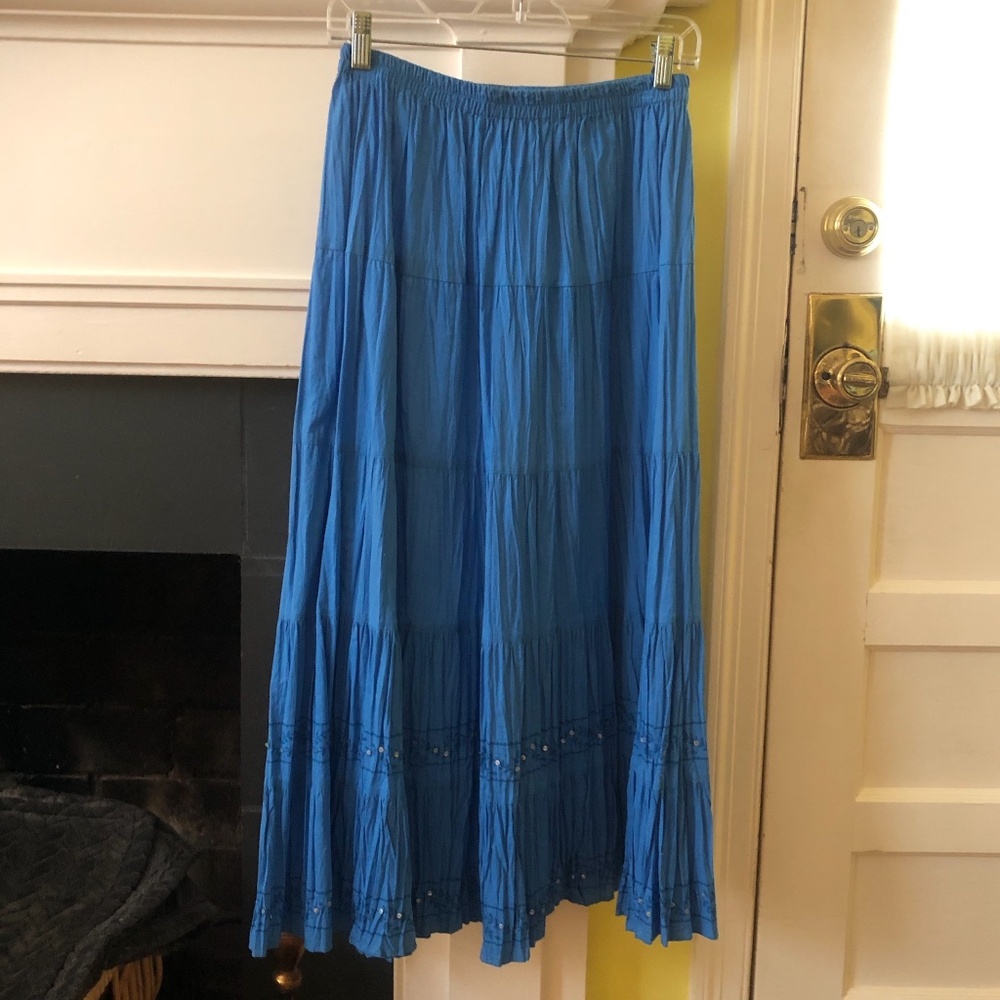 Vintage Choices Maxi Tiered Skirt Crinkle Sequin Long Cotton Blue - Sz Small